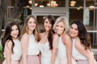 19 white halter neckline tops and mismatching blush, light pink and lilac maxi skirts