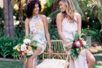 20 colorful floral print halter neckline maxi bridesmaid dresses plus colorful floral crowns