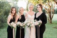 21 black halter neckline sheath dresses and a sheath V-neckline one with sleeves for the maid of honor