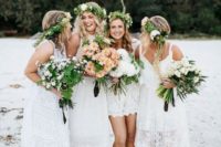 23 mismatching white lace bridesmaid dresses are perfect for a boho beach wedding