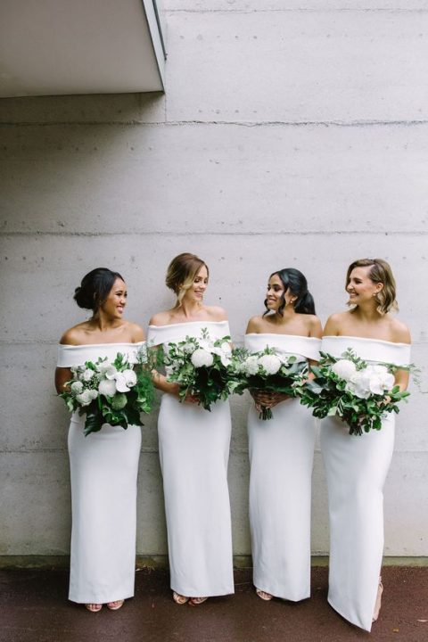 chic white off the shoulder maxi bridesmaid dresses are ultimate elegance for a tropical wedding