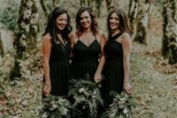 27 chic mismatched black bridesmaid dresses with draped bodices for a moody wedding