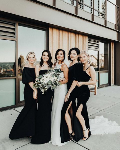 gorgeous mismatched black velvet bridesmaid dresses with slits will do for a fall or winter wedding