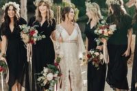 30 black midi dresses with high low skirts and floral crowns look gorgeous for a boho wedding
