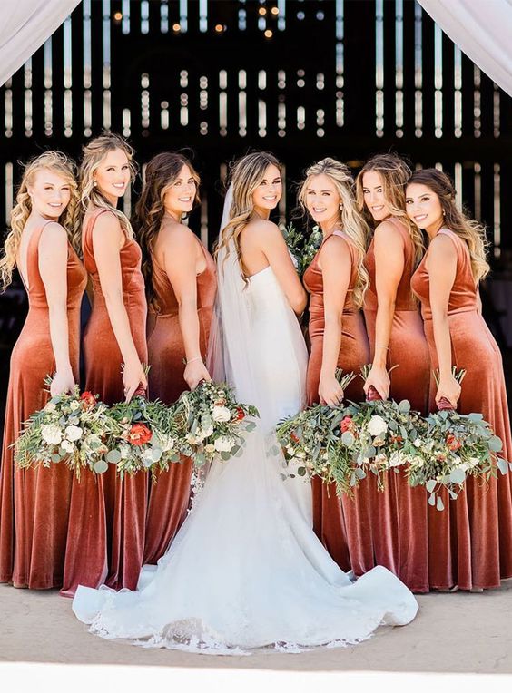 fantastic terracotta velvet fitting maxi bridesmaid dresses are pure luxury that fits anyone