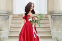 33 a red off the shoulder A-line plain wedding dress for a holiday wedding
