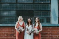 33 terracotta strap midi bridesmaid dresses with a deep neckline and nude shoes