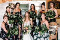 37 dark floral bridesmaid dresses with spaghetti straps or halter necklines for a boho tropical wedding