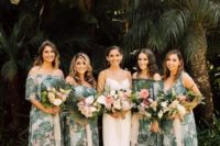 39 mismatching tropical print maxi bridesmaid dresses with straps and off the shoulder necklines
