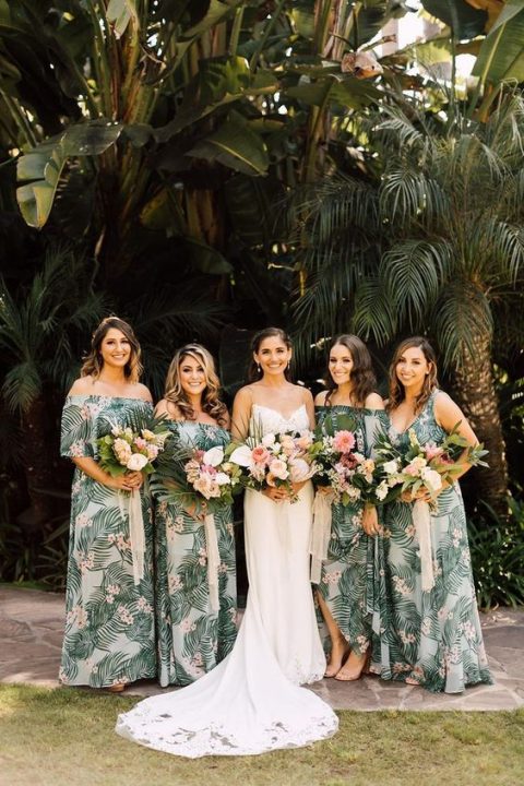 mismatching tropical print maxi bridesmaid dresses with straps and off the shoulder necklines