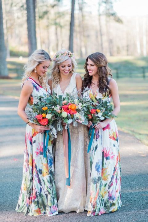 colorful wide strap maxi dresses with a V-neckline and watercolor floral prints