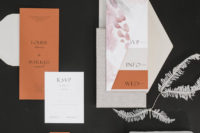 02 The wedding stationery was done with color blocking, in white and rust shades