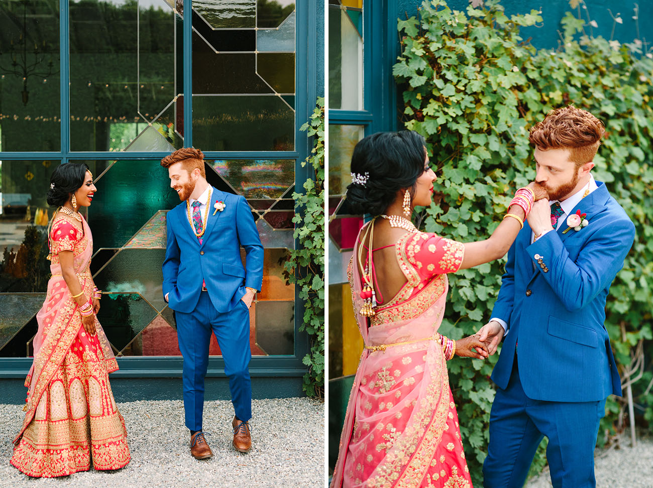 The groom was wearing a bold blue suit, a bright tier and brown shoes