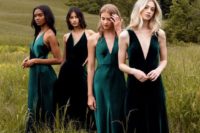 07 minimalist emerald and dark green maxi bridesmaid dresses with deep V-necklines
