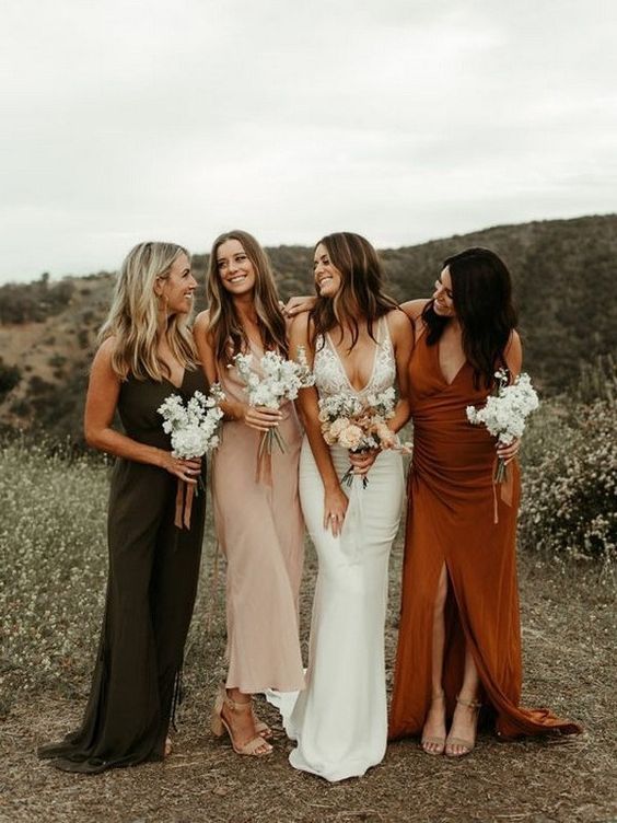 mismatching maxi and midi slip bridesmaid dresses with slits and without them