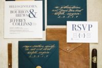 11 a bold wedding invitation suite in brown and teal, with seals and shiny lining for a masculine wedding