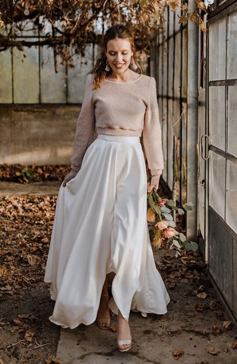 a casual bridal separate with a nude long sleeve top and a plain silk high low maxi skirt for a modern refined look