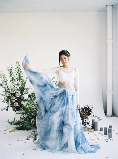 a gorgeous bridal separate of w white lace top and a watercolor blue maxi skirt for a modern bride