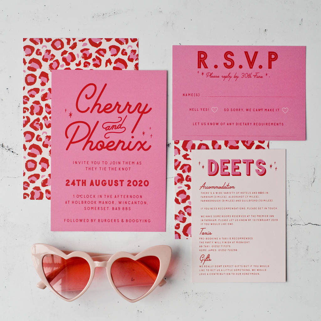 Fun pink, red and white wedding stationery with leopard prints is a whimsical and fun idea to go for