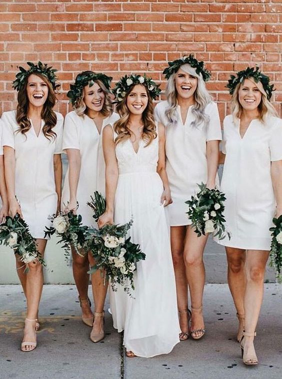 white minimalist mini bridesmaid dresses with V cuts and short sleeves are timeless
