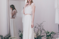 21 a romantic bridal separate with a lace crop top with cap sleeves and a flowy maxi skirt