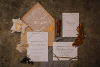 02 The wedding invitation suite was done with geometric and floral patterns, muted colors