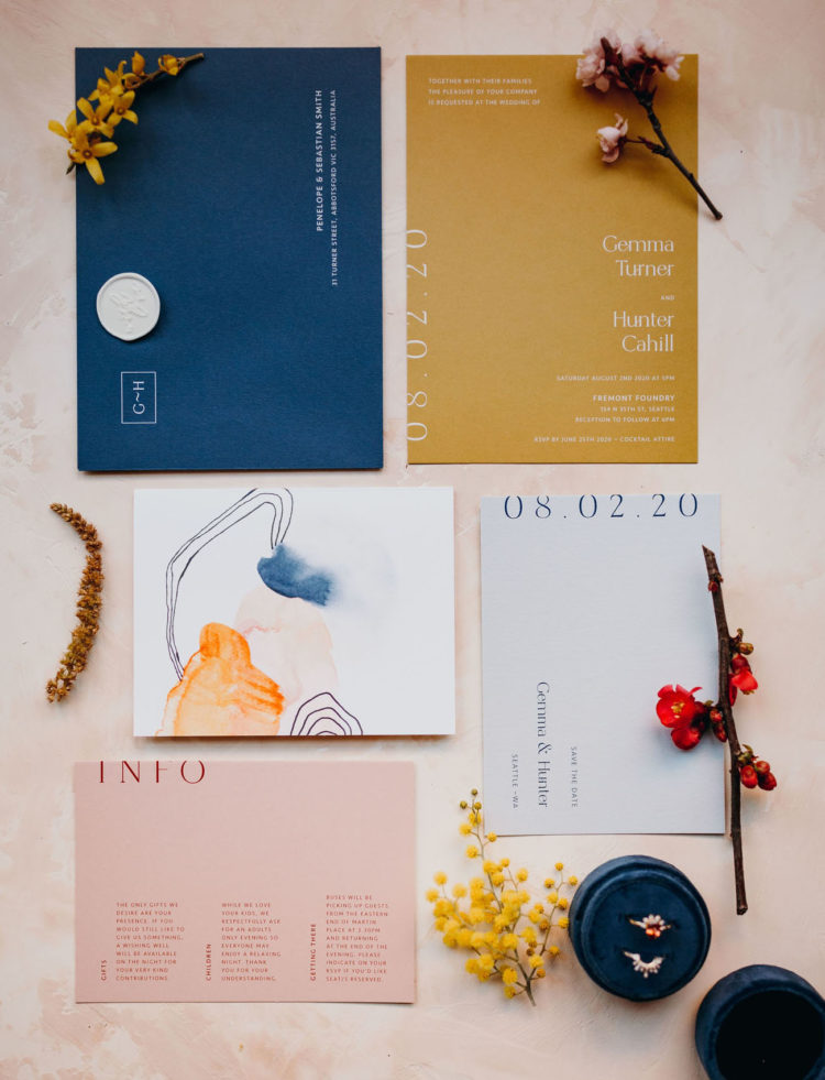 The wedding stationery set was rather bold, with graphic prints, watercolors and bright shades