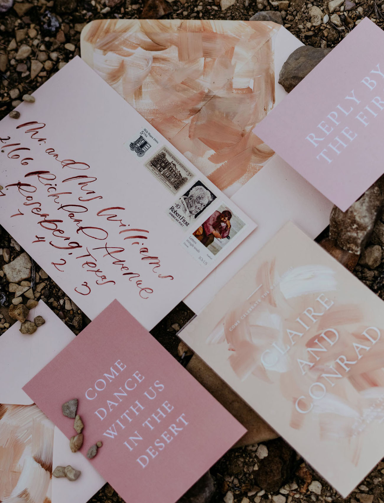 The wedding stationery was brushstroke, with bright and neutral letters