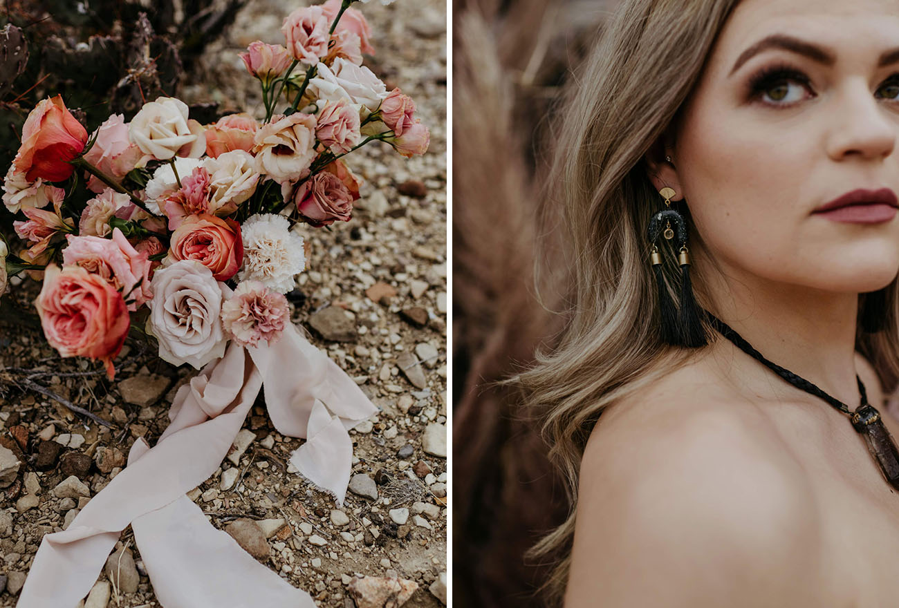 Her bouquet was done in pink and blush, and her look was finished with unique accessories
