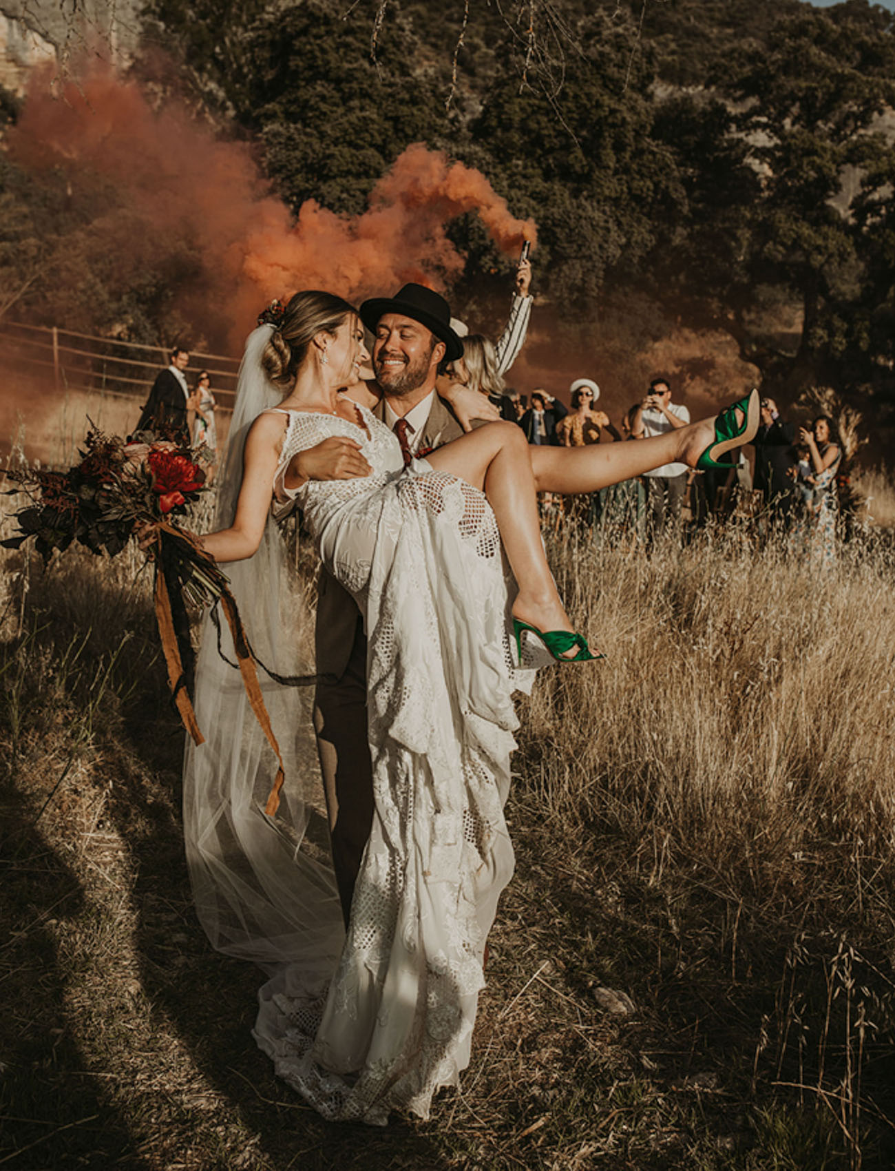 Smoke bombs are amazing for the wedding exit, and look at the gorgeous green wedding shoes