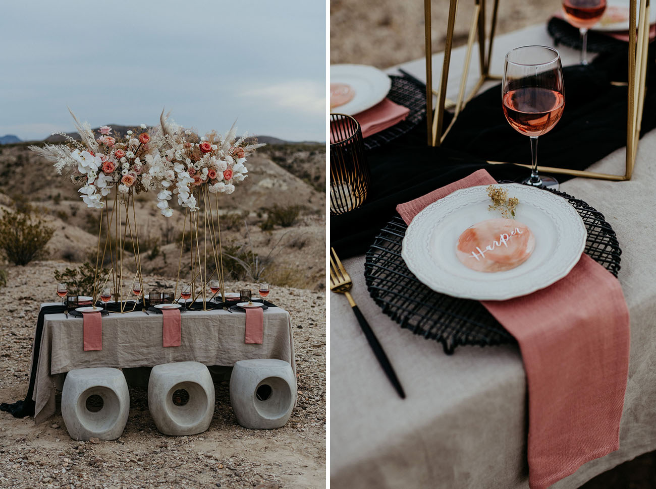 The table was laid with neutral, pink and black textiles, woven chargers and black cutlery