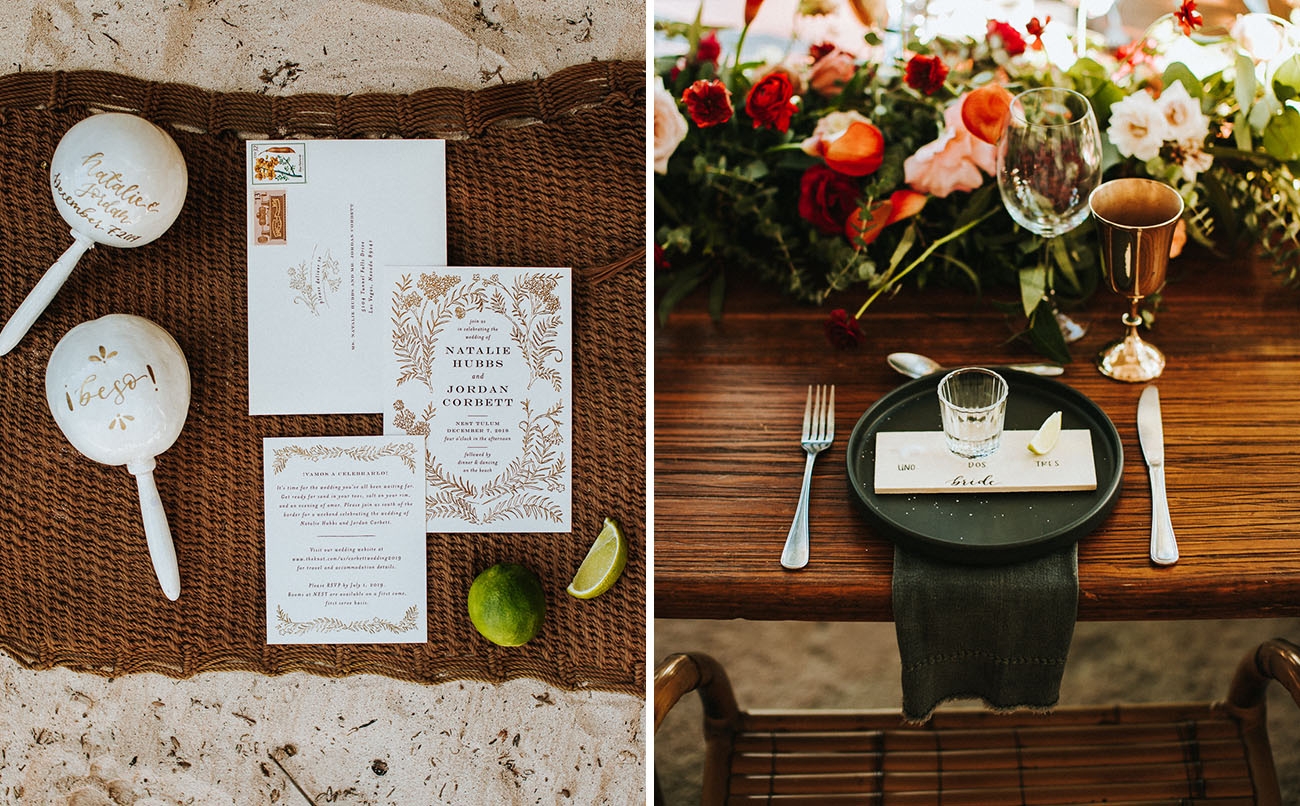 The wedding table was done with lush florals, gold goblets and dark items to contrast