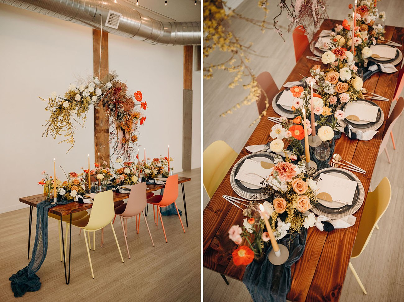 The wedding florals were done in blush and mustard, with colored candles and some metallic chargers
