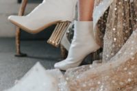 15 white leather boots with high metallic heels and an embellished wedding dress for a modern glam bride