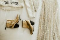 19 gold booties with comfortable heels, an embellished wedding dress and a white leather jacket for a modern boho bride