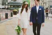 a boho lace mini wedding shirtdress with short sleeves, red shoes and a floral crown for a flower child bride