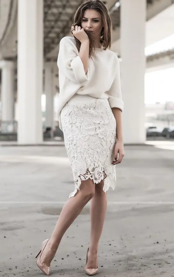 a lovely and feminine bridal shower outfit with an off white oversized knit, an off white laser cut lace pencil skirt and blush heels