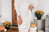 a pretty creamy midi sweater dress with tan peep toe boots and some accessories will be a nice idea for both fall and winter