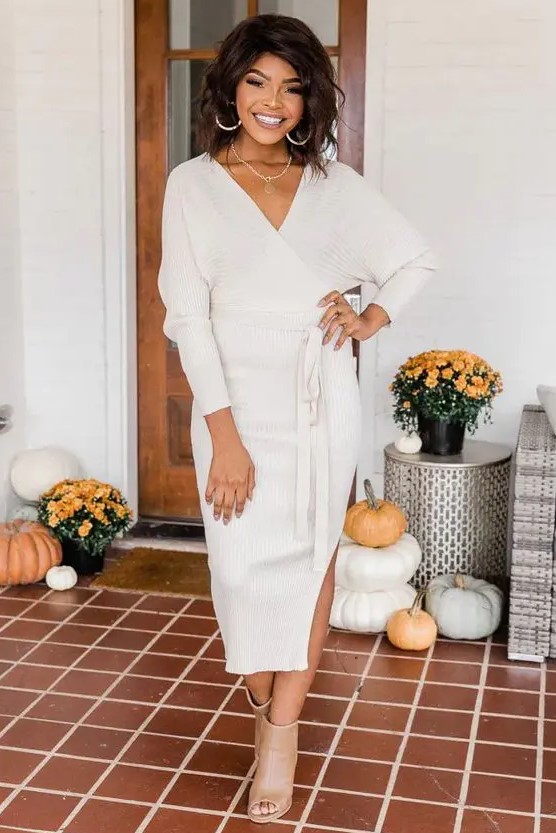 a pretty creamy midi sweater dress with tan peep toe boots and some accessories will be a nice idea for both fall and winter
