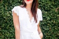 a white lace romper with cap sleeves and a V cut will be a nice solution for a summer bridal shower