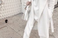 a white sweater, white pants, a coat, mules and a semi sheer bag for a lovely fall look