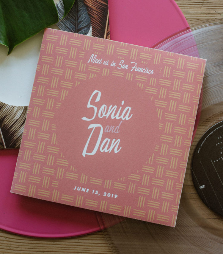The wedding invitations looked like old-fashioned records