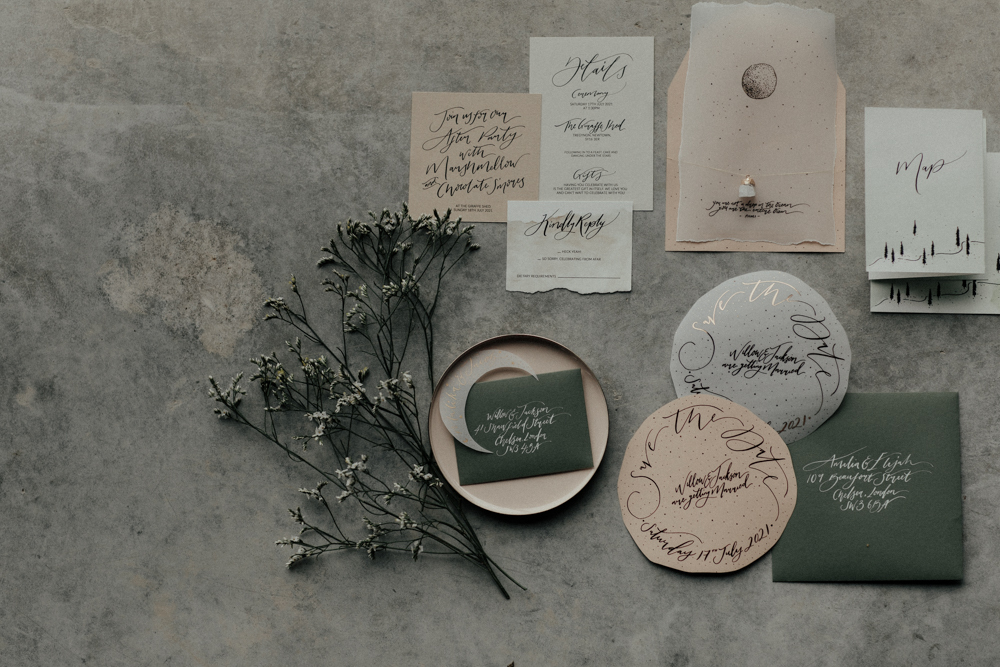 The wedding stationery was done neutral and earthy, too, with chic calligraphy