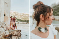 03 The bride was rocking a white one-piece swimsuit with ruffles, statement hoop earrings with blooms and a messy top knot