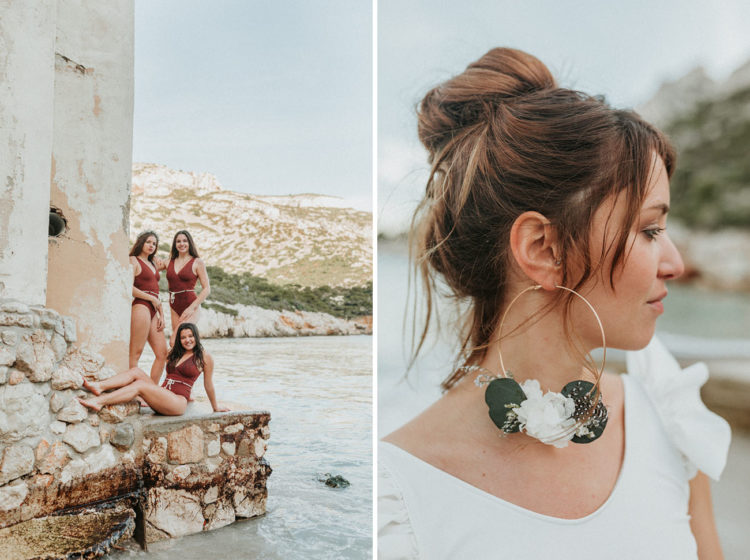 The bride was rocking a white one-piece swimsuit with ruffles, statement hoop earrings with blooms and a messy top knot