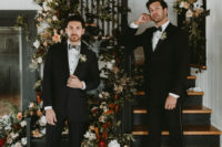 03 The grooms were wearing super elegant black tuxes with catchy printed bow ties