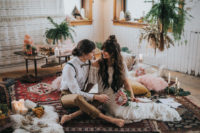 03 a home anniversary setting decorated in boho style and the couple wearing their wedding clothes again