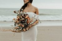 05 a simple and very flowy off the shoulder wedding dress with a train is a nice flowing wedding dress for a beach wedding