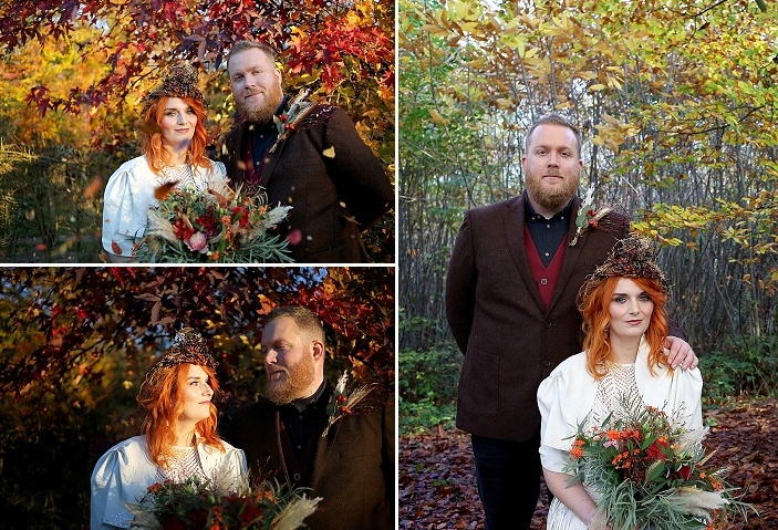 The couple looked amazing in the fall landscape and very bright