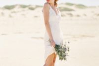 08 a simple modern plain short wedding dress with a deep neckline and spaghetti straps will feel comfy